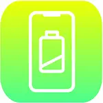 Outline of a phone showing a low battery. Green background.