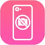 Outline of a phone with a circle and slash over the camera icon. Pink background.